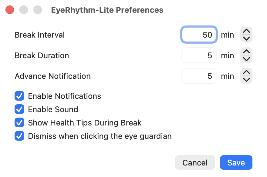 Actual EyeRhythm-Lite Preferences window